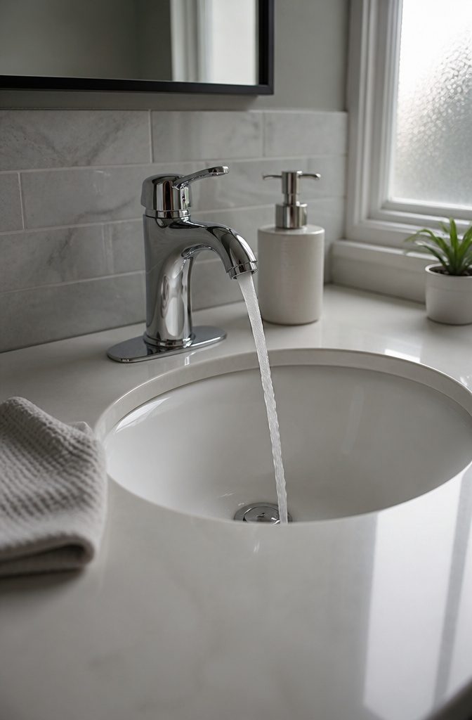 Bathroom sink with chrome faucet and white porcelain basin.