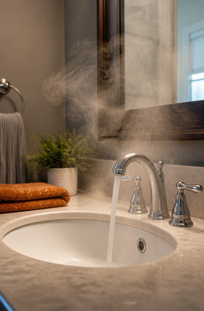 Bathroom faucet running hot water with visible steam.