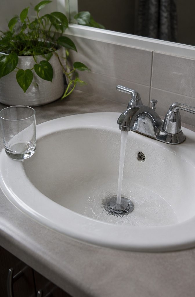 Bathroom sink with running water and droplets on the surface.