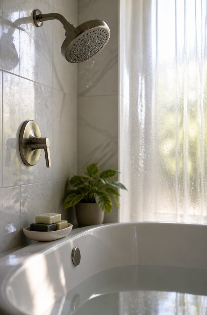Showerhead above a bathtub with water droplets.