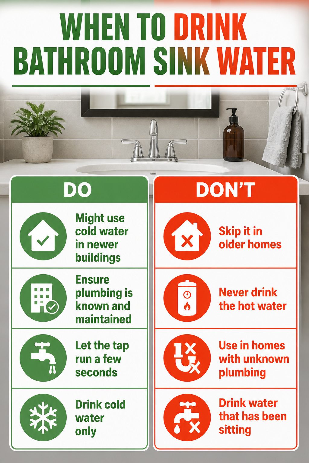 Infographic detailing when to drink bathroom sink water.
