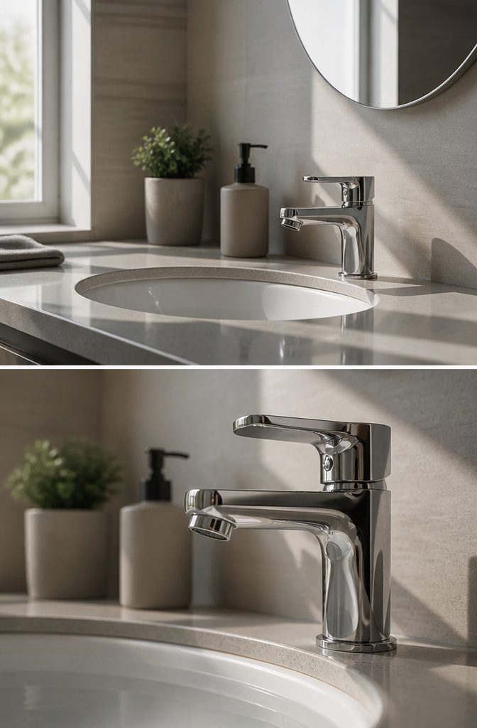 Bathroom sink with running water illustrating stagnation issues.