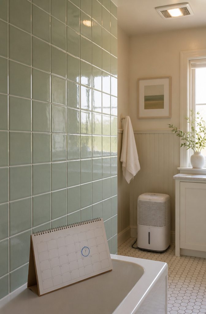 Freshly painted tiles with a calendar marking the curing period.