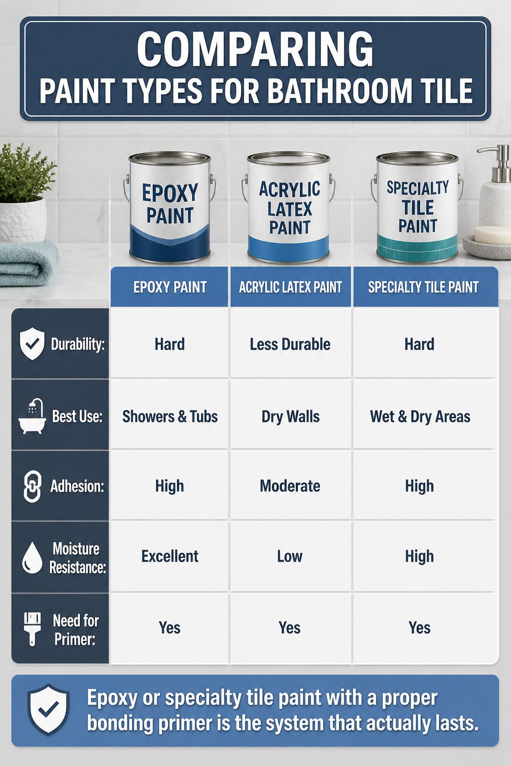 An information graphic comparing paint types for bathroom tiles.