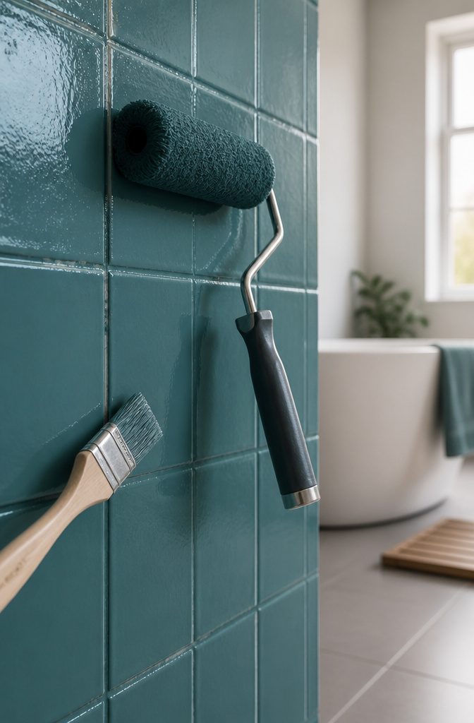 A freshly painted tile wall with paint supplies nearby.