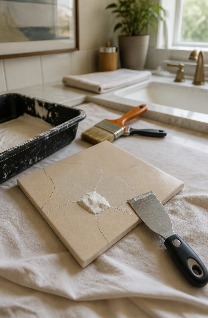 Close-up of a tile showing cracks and spackle being applied.