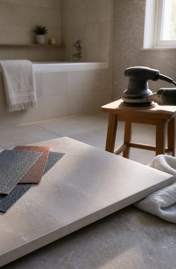 A ceramic tile being sanded with an electric sander and sandpaper.