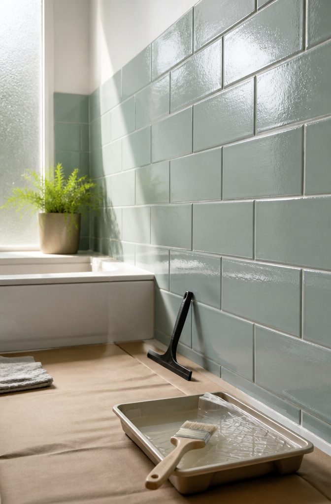 A freshly painted tile wall with a tray of clear sealer ready.