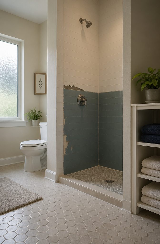 A bathroom showing signs of moisture affecting painted surfaces.