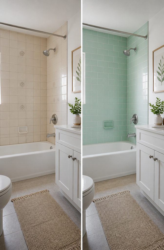A bathroom tile surface ready for painting with paint supplies nearby.