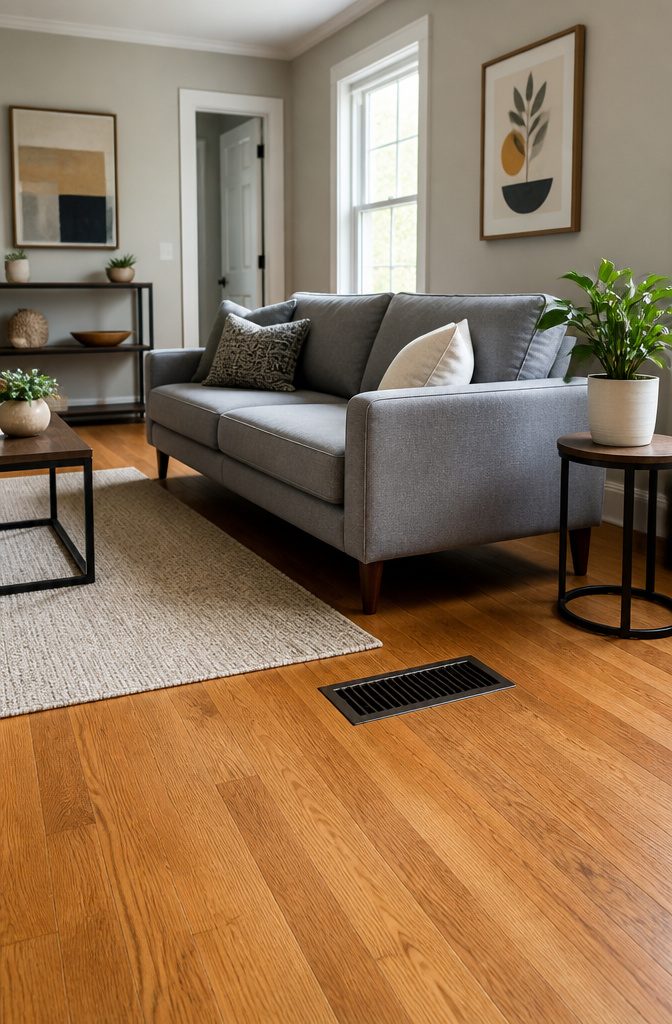 Couch near a floor vent in a living room.