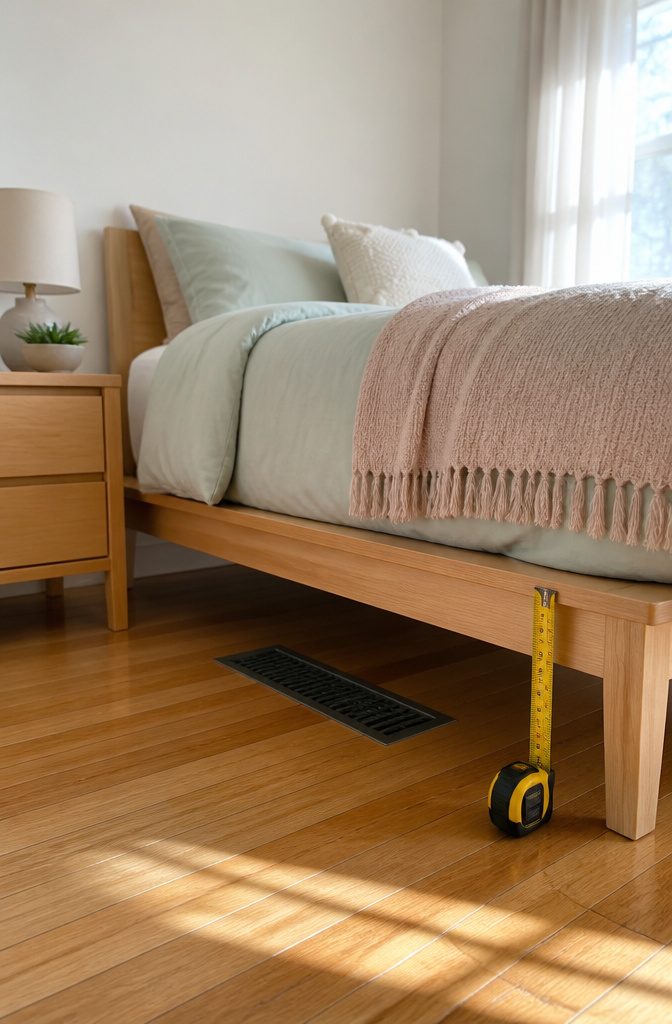 Platform bed with open base positioned above a floor vent.