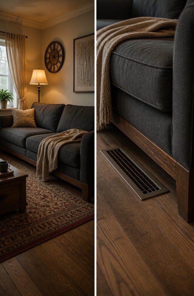 Couch with potential heat damage risks underneath.