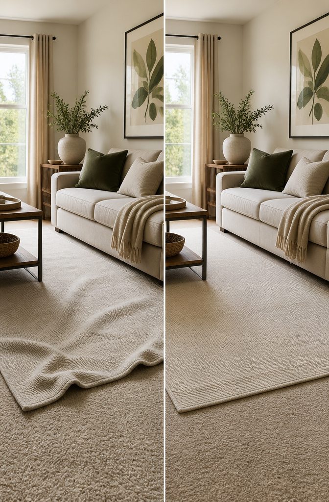 A photograph illustrating a rug layered over carpet.