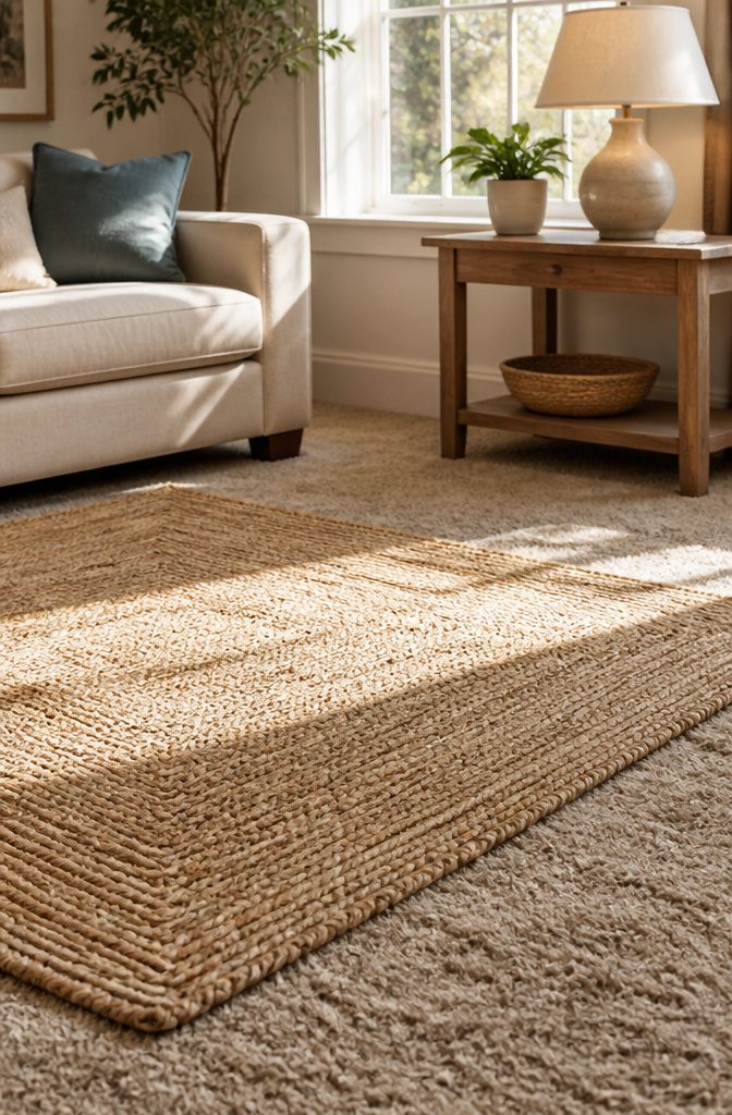 A low-pile jute rug on soft carpet in a well-lit room.