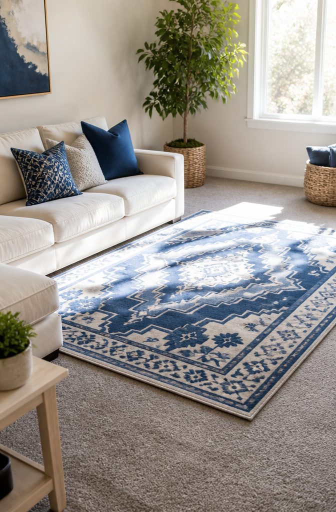 A patterned rug on a neutral grey carpet in a bright room.