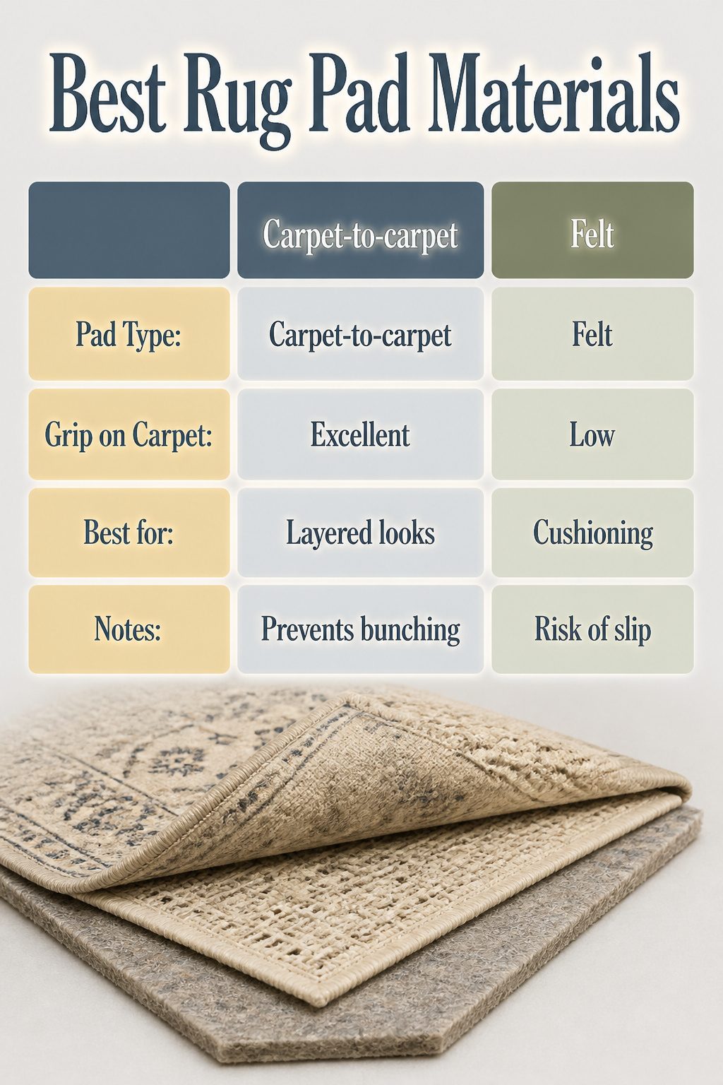 Information on the best rug pad materials for carpet.