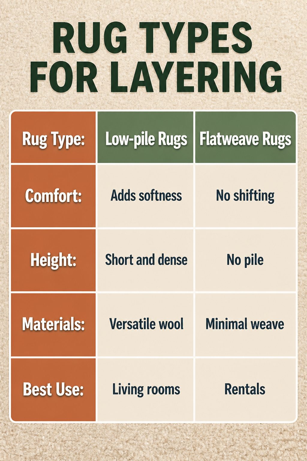 Different types of rugs suitable for layering on carpet.