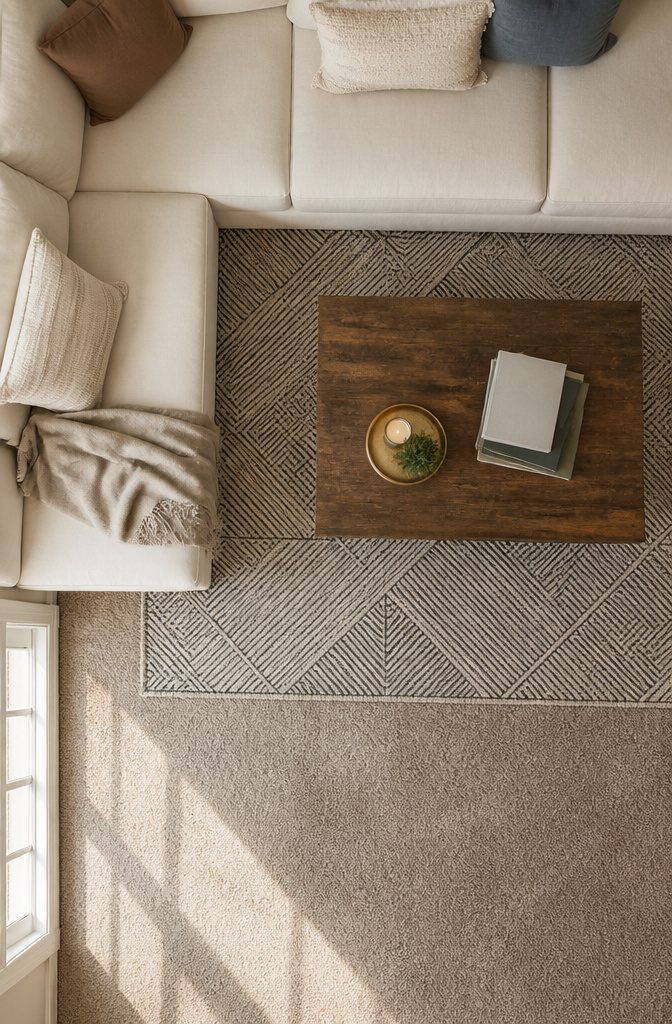 A sofa and coffee table on a rug, minimizing movement.