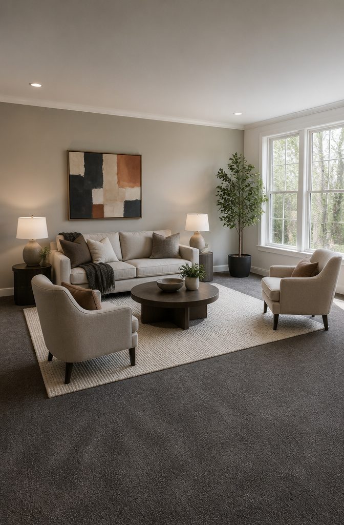 A rug placed under furniture in a living room.