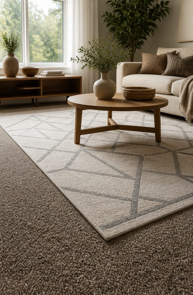 A chic geometric rug over soft carpet in a serene living area.