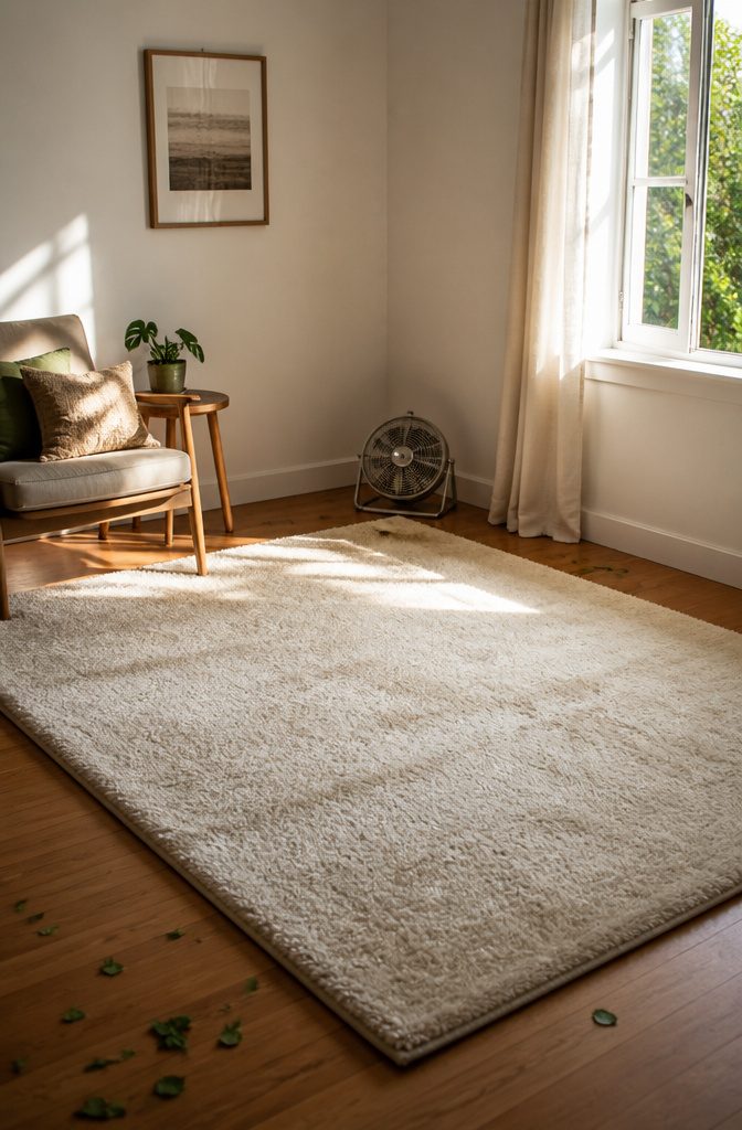 A damp rug is positioned in a bright room for drying.
