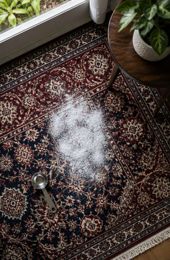 A generous amount of cornmeal covers a stained area of the rug.