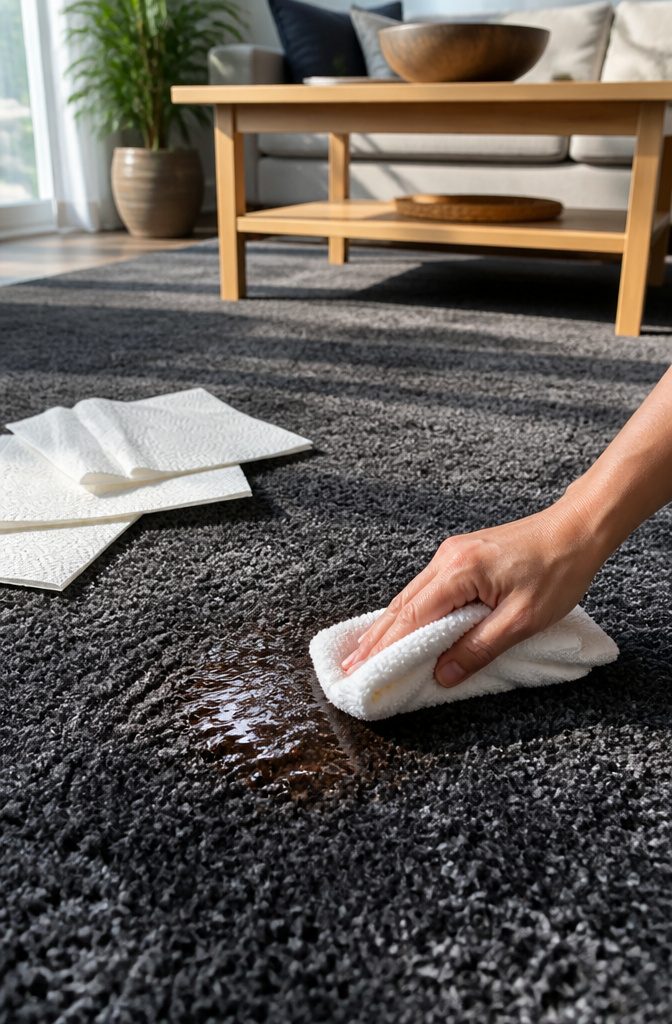 A cloth is pressed against a plush rug to blot polish.