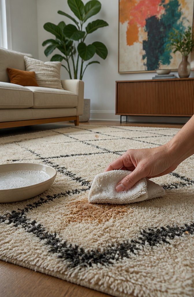 A cloth dipped in soapy water is poised above a stained rug.