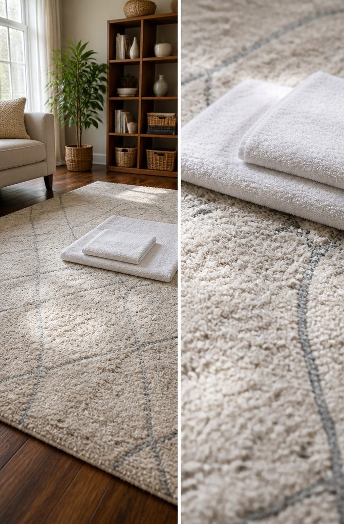 A clean towel blots water from a stained area of the rug.