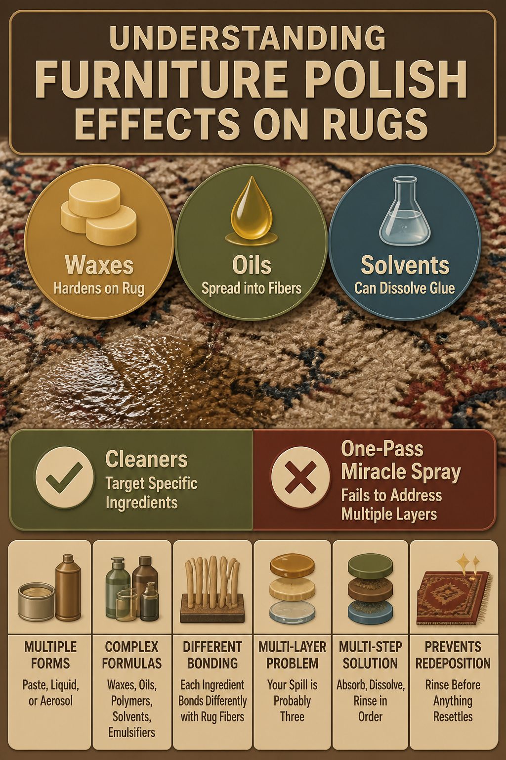 An infographic explains the effects of furniture polish on rugs.
