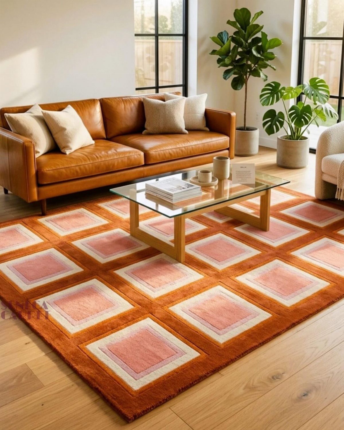 Caramel leather sofa and glass coffee table on a geometric diamond patterned rug.
