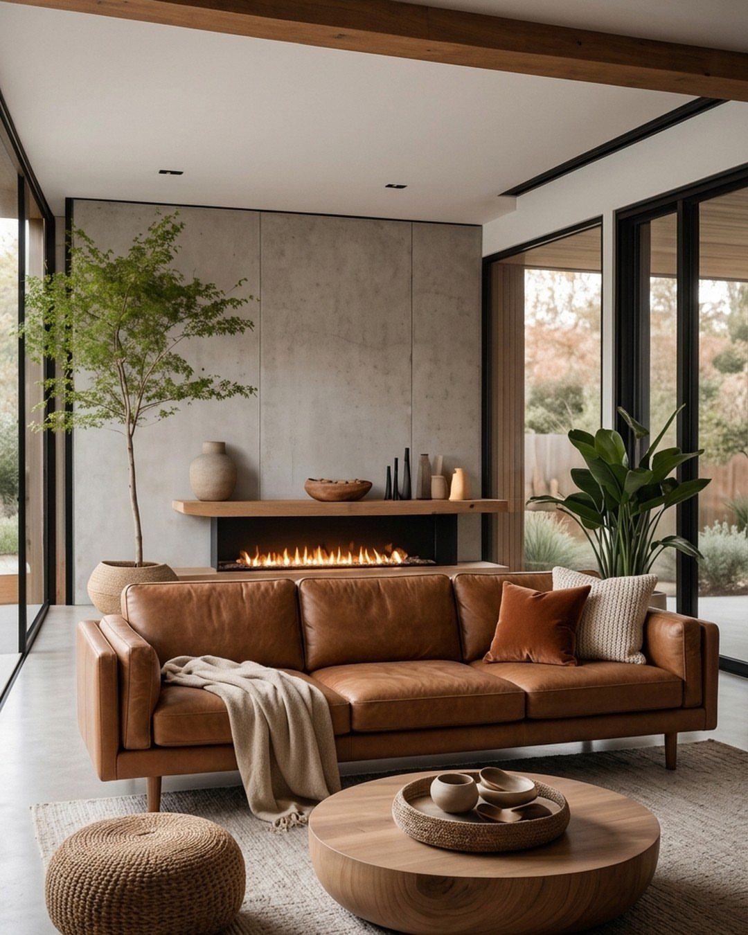 Caramel leather sofa in a modern living room with a linear fireplace and wooden table.