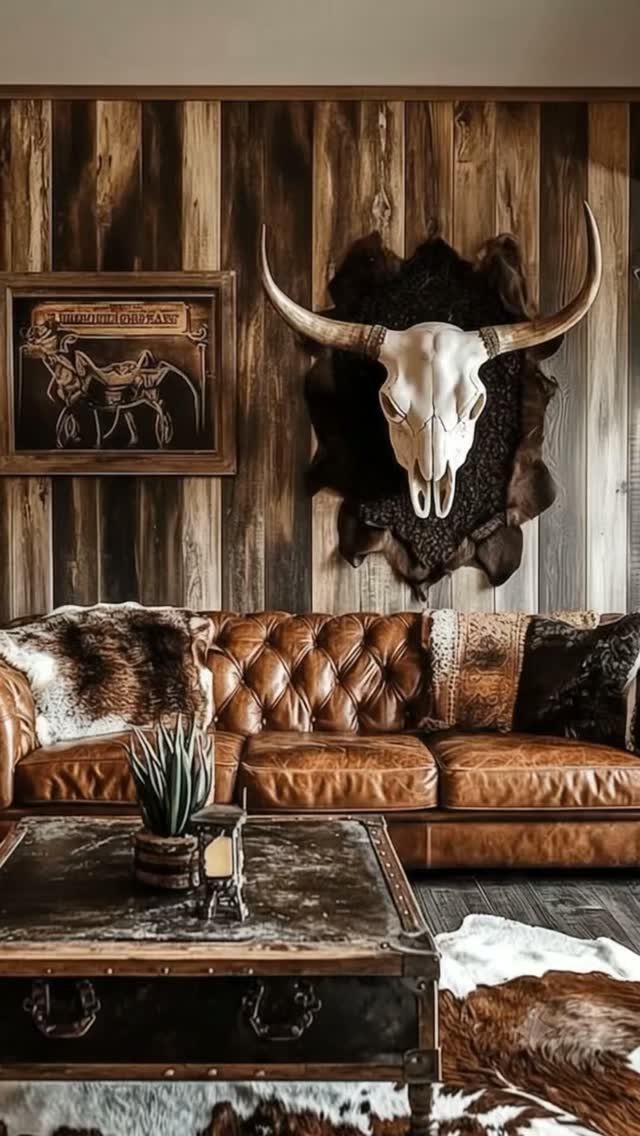 Caramel leather tufted sofa in a rustic living room with wood walls and steer skull.