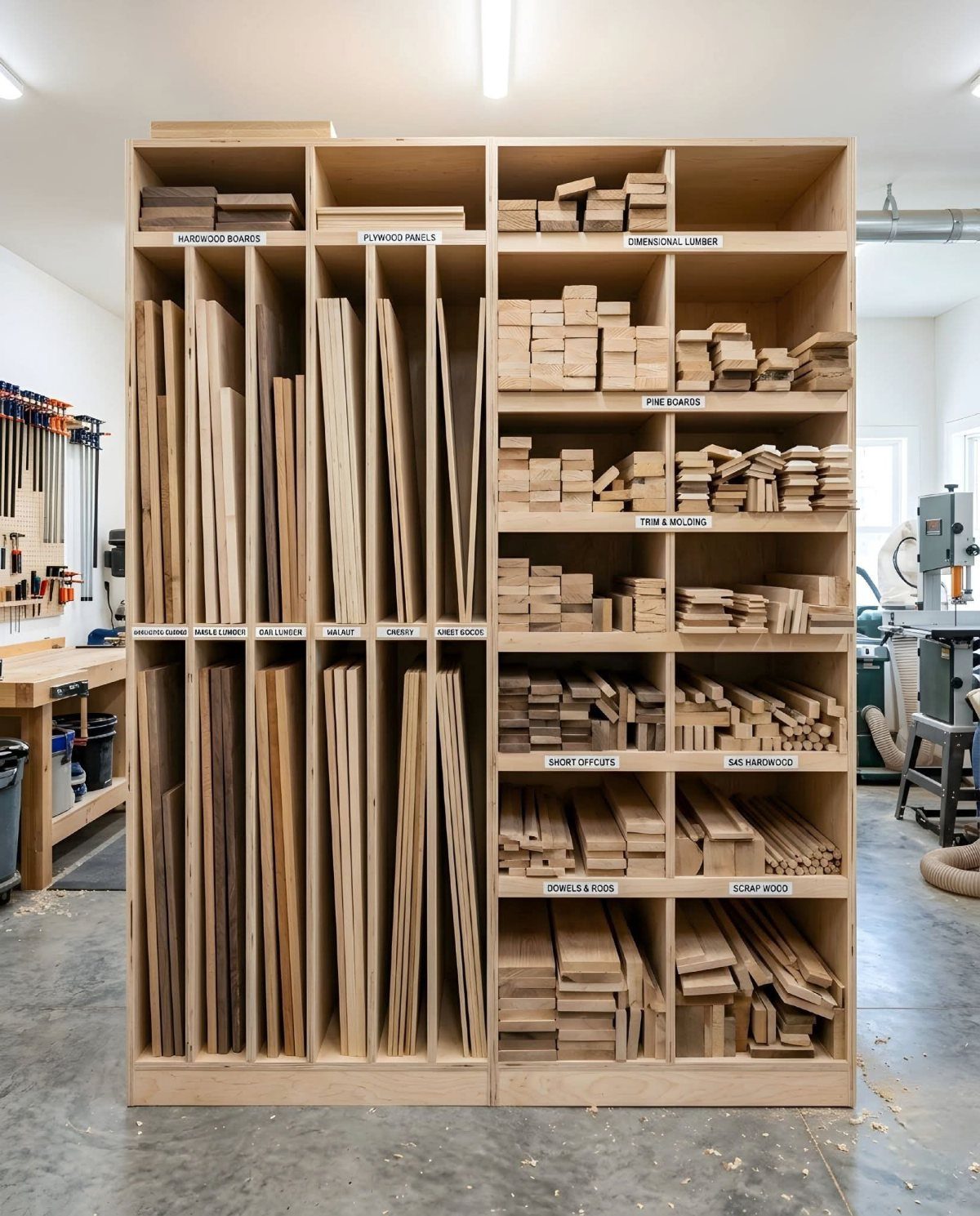 Wooden storage rack filled with organized lumber and planks in a workshop.