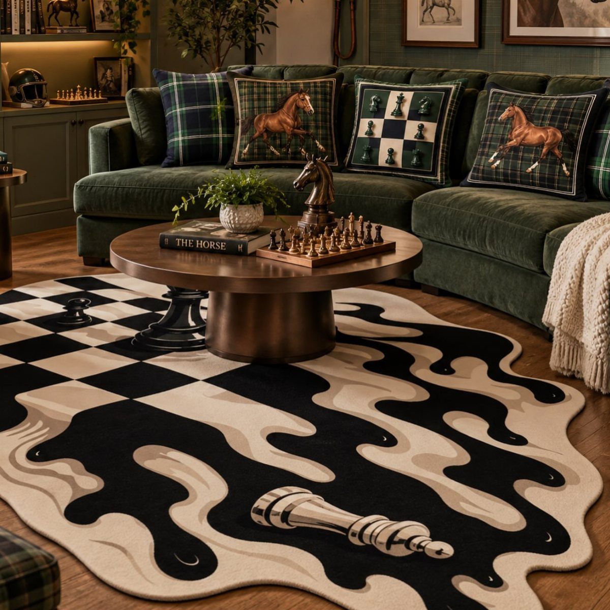 Surreal melting chessboard rug in a living room with a green velvet sofa.