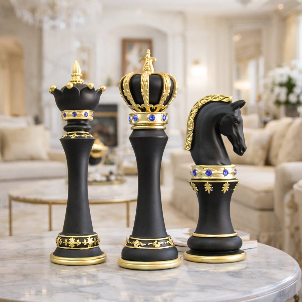 Oversized black and gold decorative chess pieces on a white marble table.