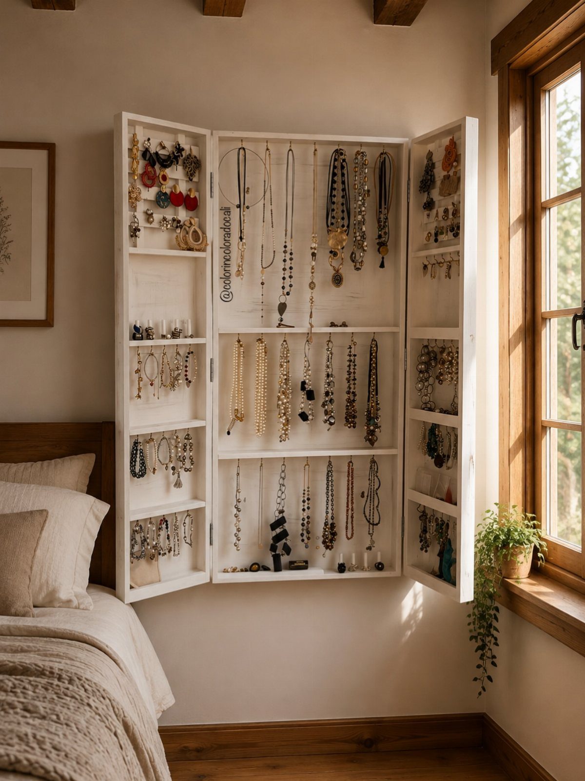 White wall-mounted jewelry cabinet with open doors displaying hanging necklaces and earrings.