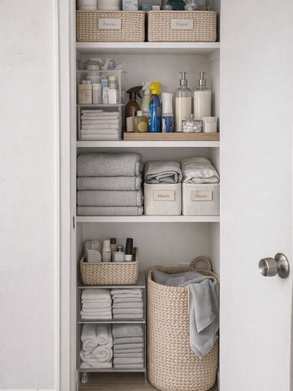 Linen closet shelves with labeled woven baskets, acrylic bins, and folded grey towels.