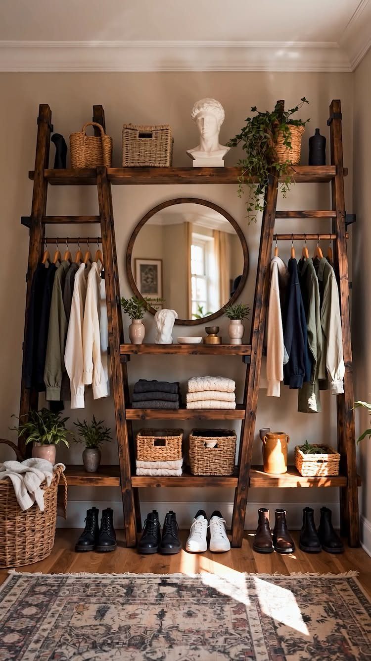 Rustic wooden open closet system with hanging clothes, woven baskets, and a round mirror.