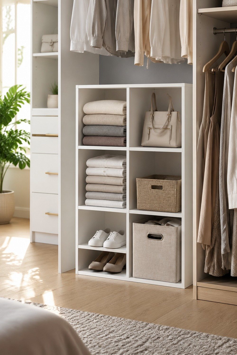 White cube storage unit with folded clothes and bins under hanging closet garments