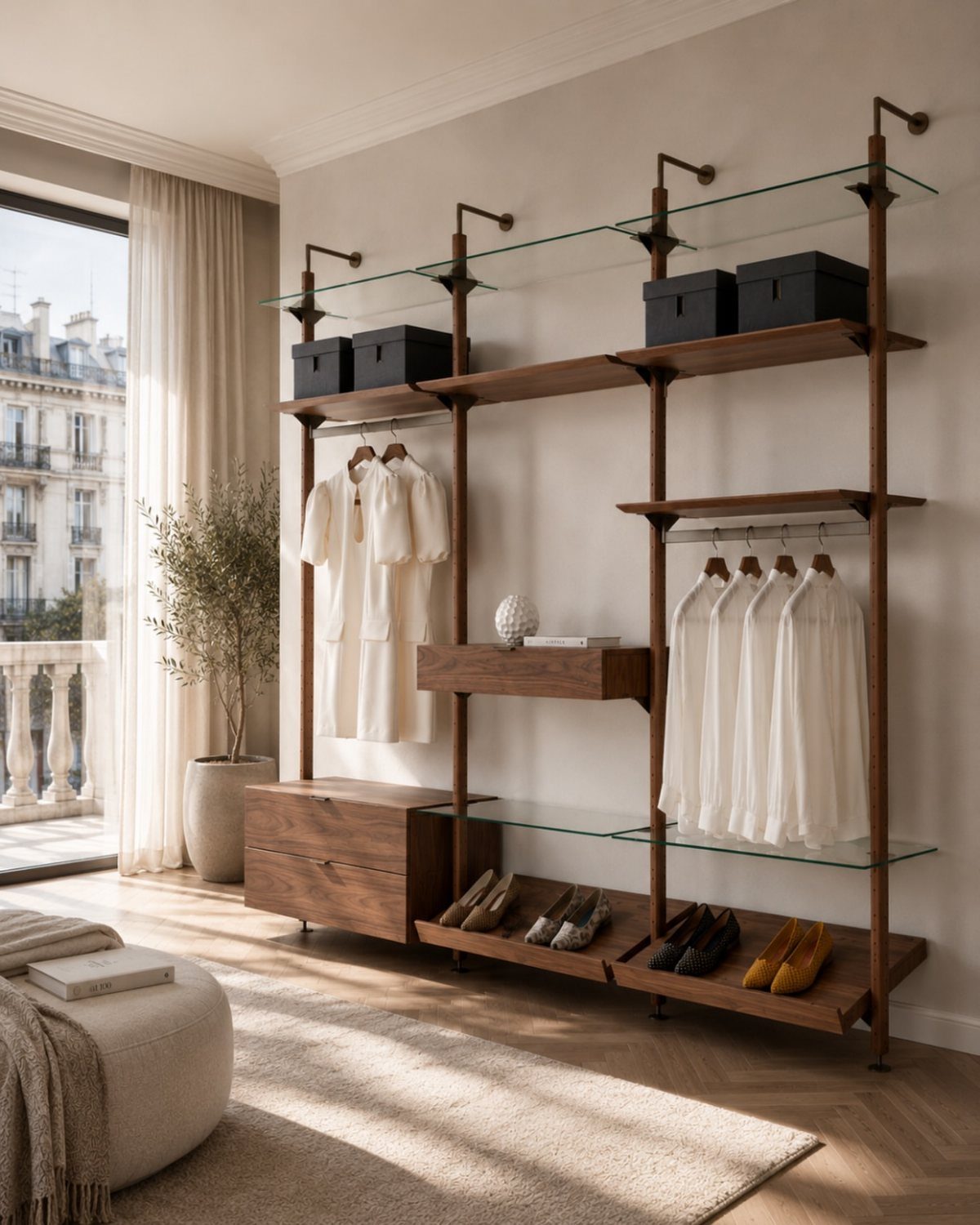 Modern open wood and glass closet system with white shirts and black storage boxes.