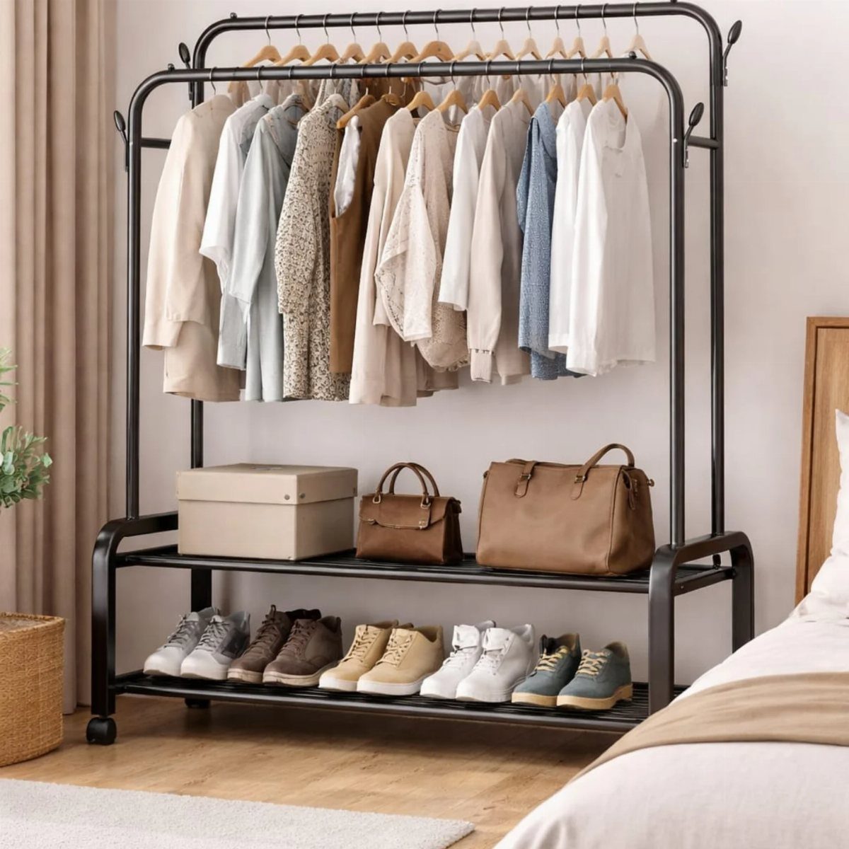 Black metal garment rack with hanging clothes, bags, and shoes on lower shelves.