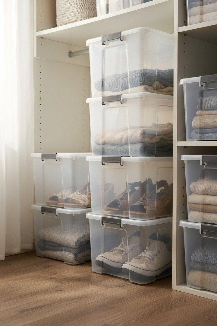Clear plastic storage bins stacked in a white closet containing folded clothes and shoes.