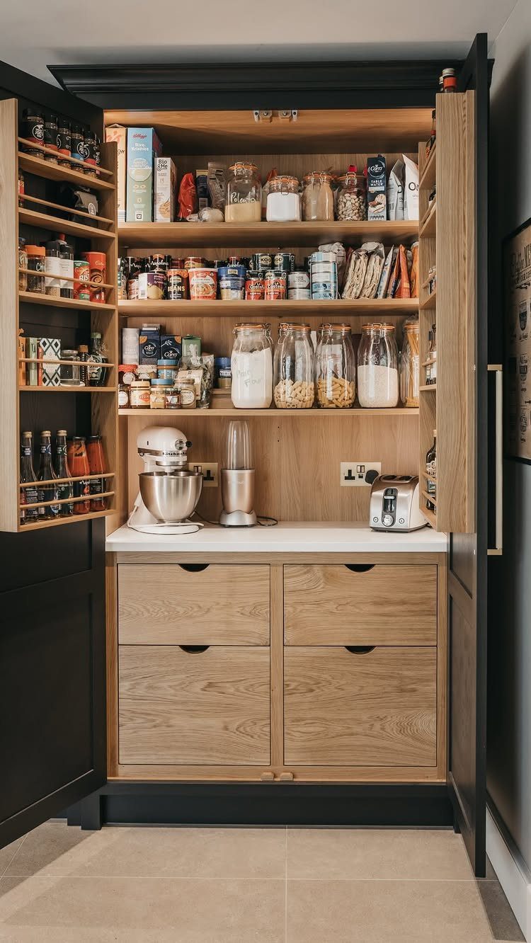 Built-in kitchen pantry with light wood shelves and black doors hiding appliances and food.