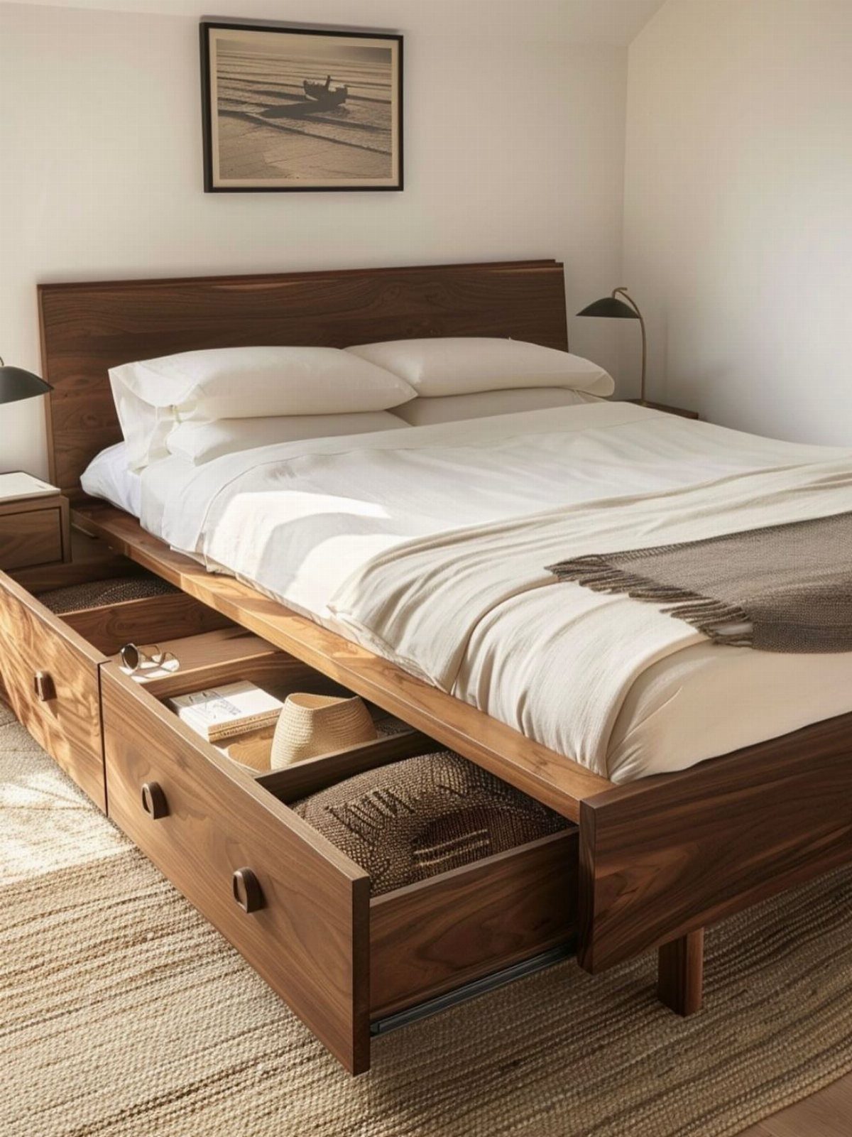 Wooden bed frame with built-in storage drawers pulled open to reveal organized items.