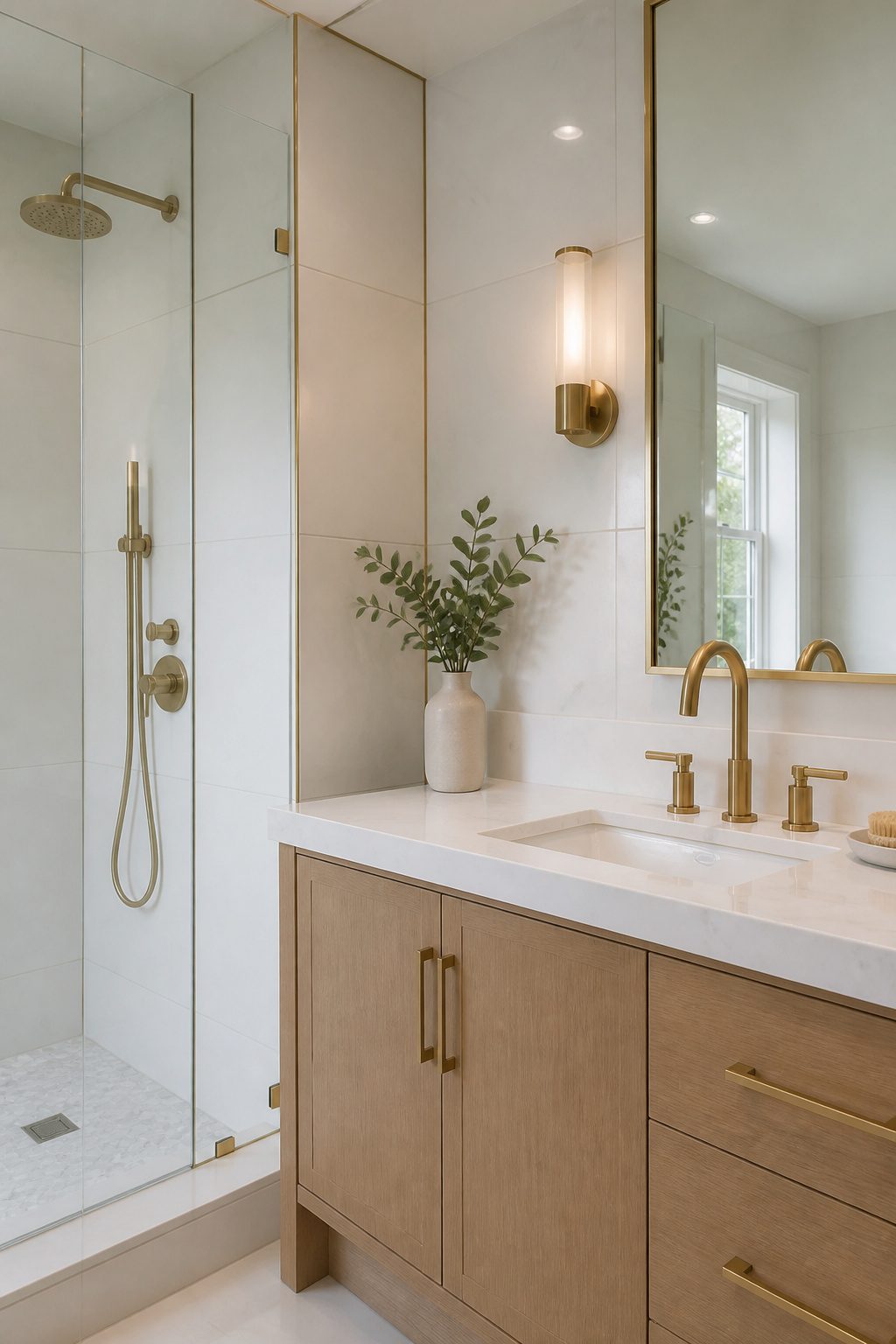 Trim pieces at the corners of large-format tiles in a bathroom.