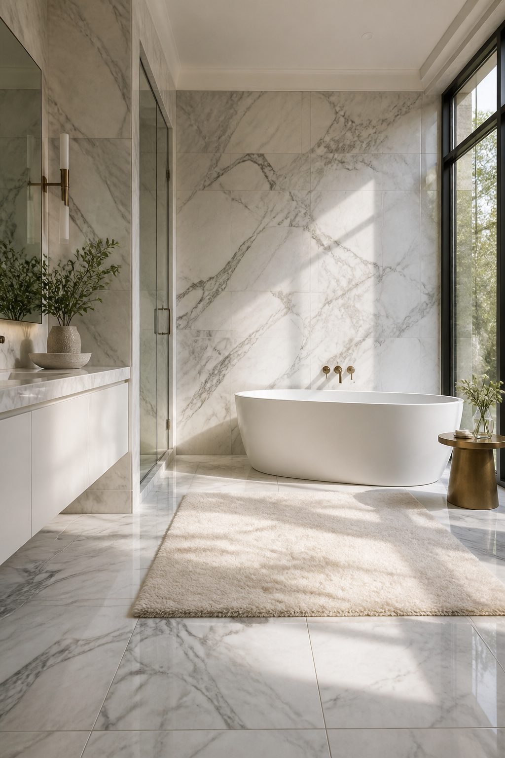 Marble tiles covering the walls and floor of a luxurious bathroom.