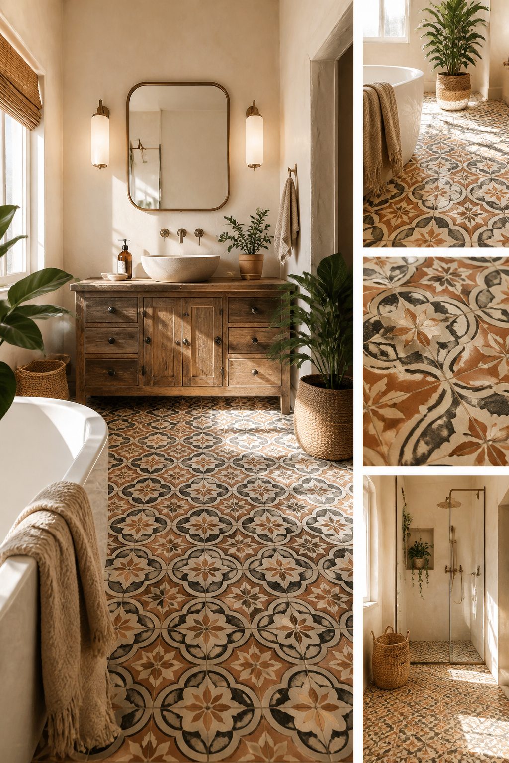 Colorful encaustic tiles in a boho-style bathroom.