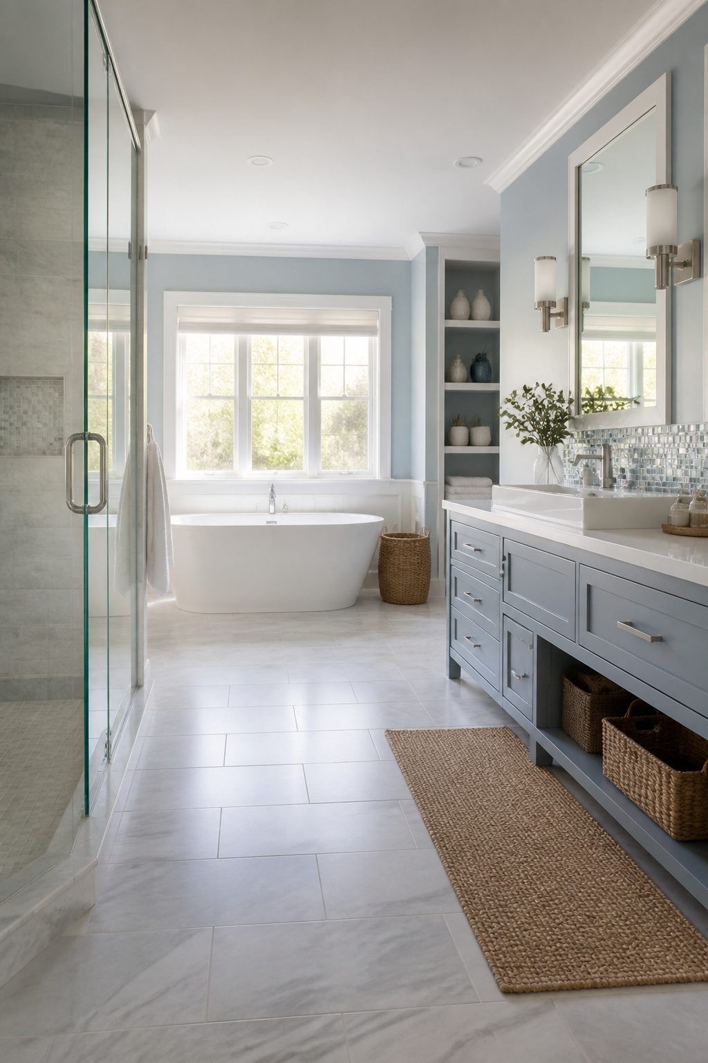 Bathroom with blue and sandy tiles for a coastal chic look.